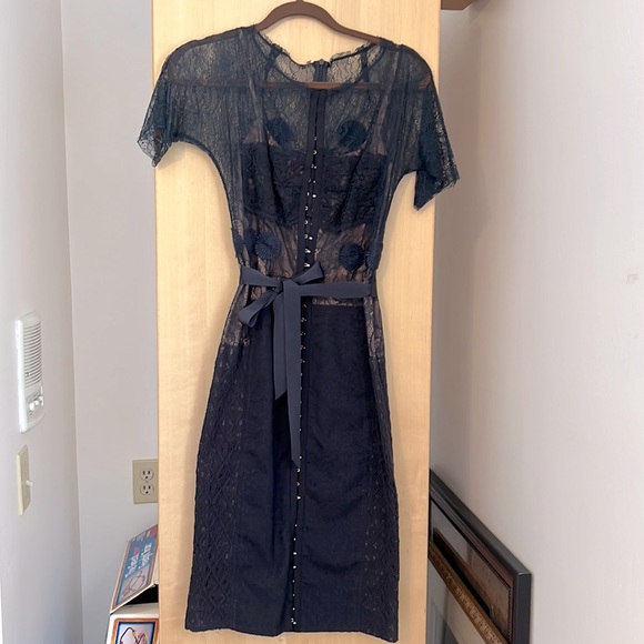 Anthropologie | Dresses | Navy Blue Lace Dress From Anthropologie Sheer  With Full Slip | Poshmark